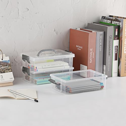 BTSKY 3 Layers Dolphin Clear Plastic Pencil Box - Multipurpose Pencil Case Craft Storage Containers with 1 Lid & Handle, Easy Carry & Stack Crayon Boxes Office Supplies Storage Organizer, Grey - Image 4