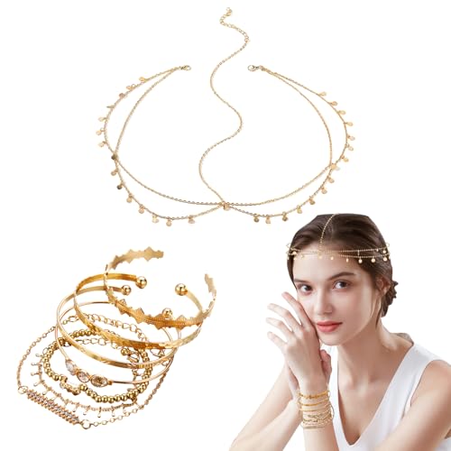 TenaLucy Kopfkette Gold,7 Stück Armbänder Gold Armketten,Pailletten Boho Kopfkette Boho Kopfschmuck Geschichtete Stapelbares Offenes Armbänder Verstellbar Armreif Haarkette...
