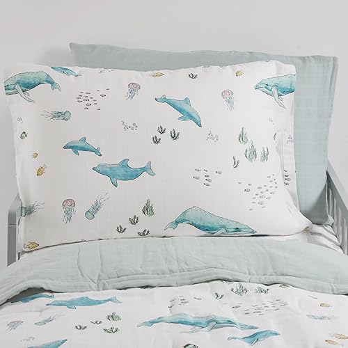 Image of Little Unicorn Standard Pillowcase 2 Pack | Super Soft & Breathable Muslin Fabric | Snug Envelope Closure | for Crib and Toddler Bed (Whales)