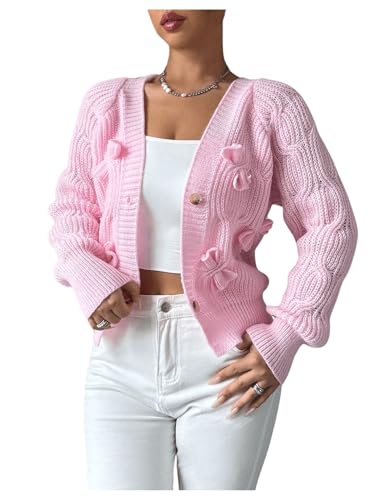Image of SweatyRocks Women's Crochet Cardigan V Neck Long Sleeve Bow Decorated Button Down Knit Sweater Tops Pink Medium