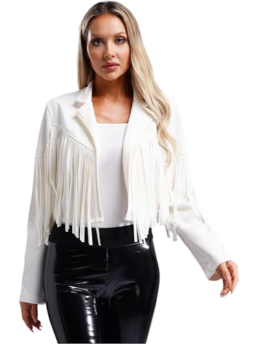 Hularka Women's Faux Leather Fringe Jacket Open Front Long Sleeve Cardigan 80s Hippie Outerwear2