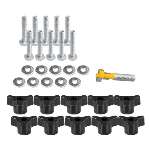 Image of POWERTEC 72091 T Track Knob Kit with T Slot Router Bit, 1 /4-20 x 1-1 /2 inch Hex Bolts, Washers, Knobs and Carbide Tipped Router Bit 7 /16 inch Dia. x 3 /16 inch H x 1 /4 inch Shank, T Track Accessories