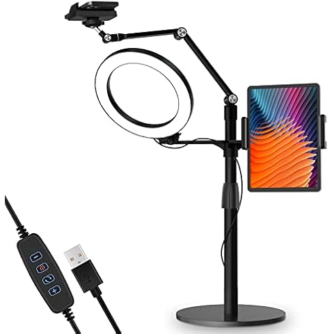 viozon 3-in-1 Selfie Desktop Overhead Live Stand, Height/Angle Adjustable, 8" LED Ring Light, Compatible with 3.5-13" Tablet&Cell Phone, Suitable For YouTube /Tiktok/Recording /Streaming Cover