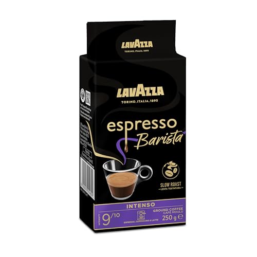 Lavazza, Espresso Barista Intenso, Café Molido Natural Tostado, Ideal para Cafetera Italiana, de Filtro y Francesa, con Notas Aromáticas de Cacao y Madera, Intensidad 9/10, Tueste Medio, 250 g