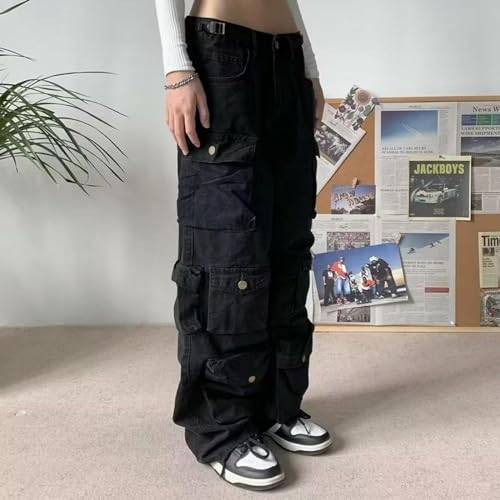 CosTribe Women's Baggy Cargo Pants Multi-Pocket Jeans Y2k High Waist Straight Wide Leg Fashion Jeans Streetwear4