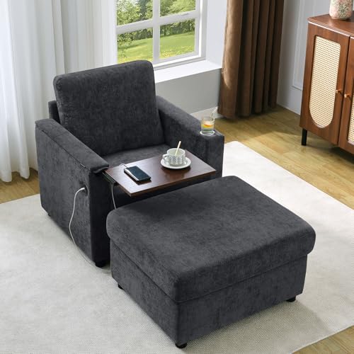 Elevyoliv Accent Chairs with Storage Ottoman Set, Oversized Chenille Reading Armchair with Tray Table and Charging Ports, Comfy Chair and Ottoman for Living Room, Bedroom, Reading Nook, Dark Grey