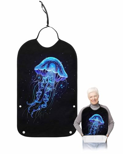 Blue Jellyfish Adult Bib for Adults Men, Women, Ocean Nautical Coastal Black Washable & Adjustable Terry Cloth Bib with Crumb Catcher Reusable Waterproof Clothing Clothes Protector Apron