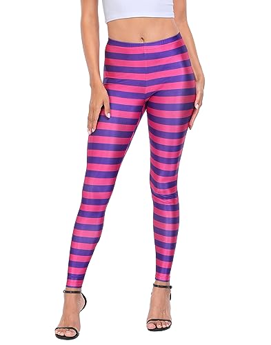 HDE Trendy Design Workout Leggings - Fun Fashion Graphic Printed Cute Patterns Cheshire Stripes - M