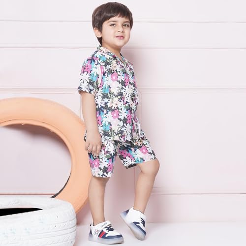 Image of AJ DEZINES Kids Cotton Shirt Shorts Half Sleeves Floral Printed CO-ORDS Set for Boys