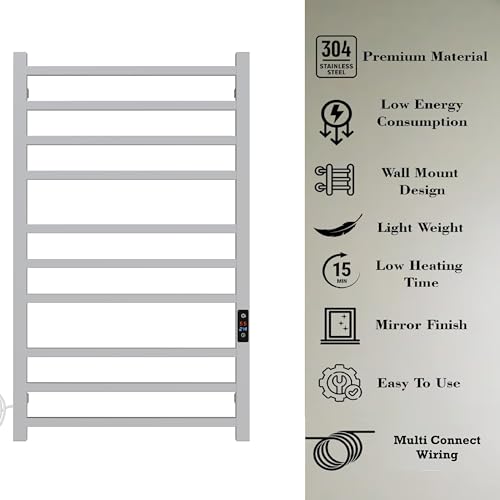 SATOH-Towel-Warmer-for-Bathroom-Heated-Towel-Rack-Wall-Mounted-Electric-Drying-Rail-with-Plug-in-Installation-Timer-Stainless-Steel-Hot-Towel-Warmer-88cm-x-53cm-Polished-Chrome