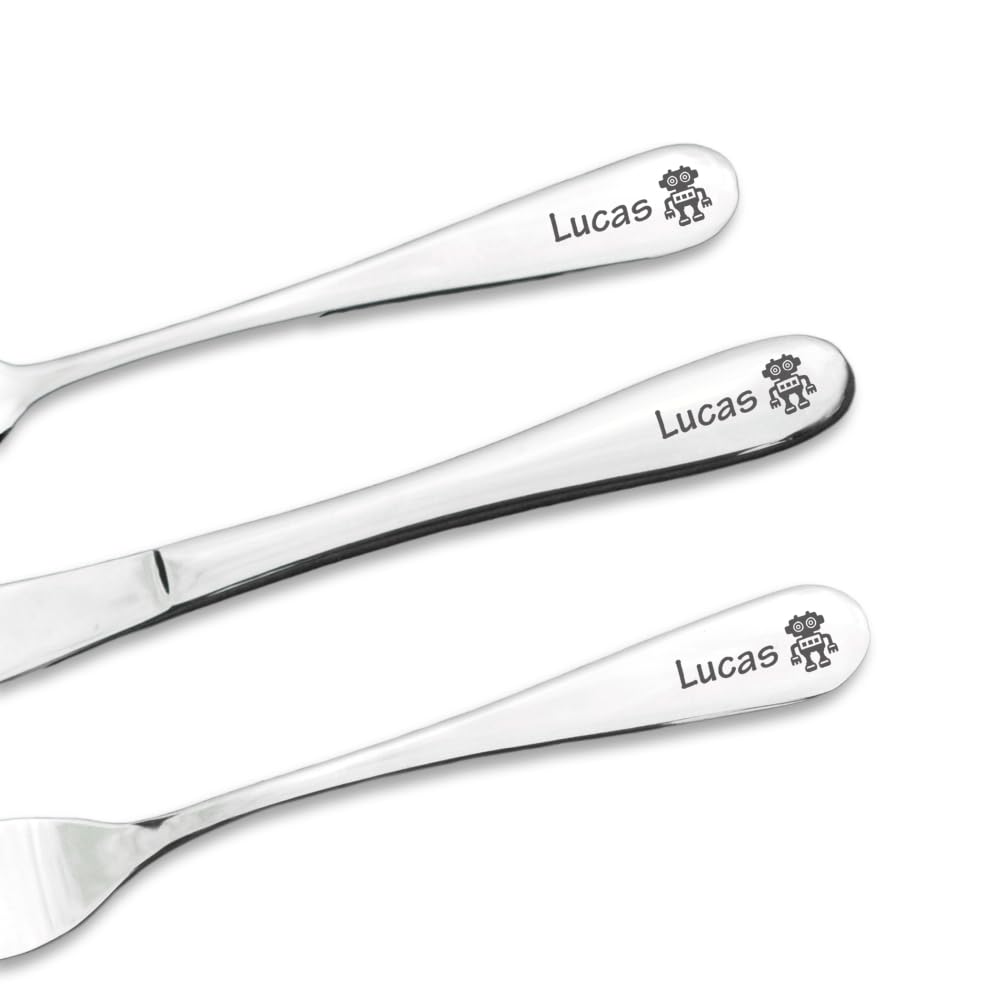 Personalised Engraved Childrens Cutlery Set Christening Birthday Kids Gift Idea (Robot) — image 1