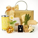 Sunshine Box Inspirational Self Care Gift Set for Women with 20oz Motivational Tumbler, Sunflower Necklace, Silk Eye Mask, Fuzzy Socks, Gold Scrunchie, Knitted Flower, 7 Piece Spa Gift Box