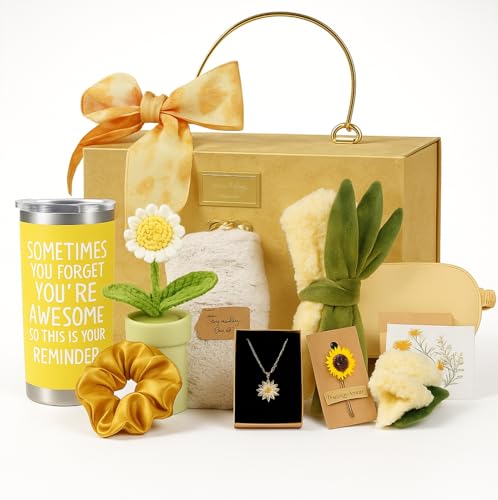 Sunshine Box Inspirational Self Care Gift Set for Women with 20oz Motivational Tumbler, Sunflower Necklace, Silk Eye Mask, Fuzzy Socks, Gold Scrunchie, Knitted Flower, 7 Piece Spa Gift Box