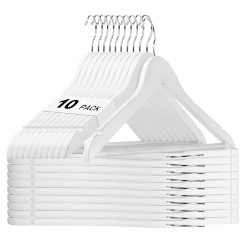 HOUSE DAY White Wooden Hangers 10 Pack, Solid Wood Hanger with Non Slip Pant Bar, Heavy Duty Wooden Coat Hanger for Closet, Smooth Finish Wood Clothes Hangers for Shirts, Suits Jackets, Dress