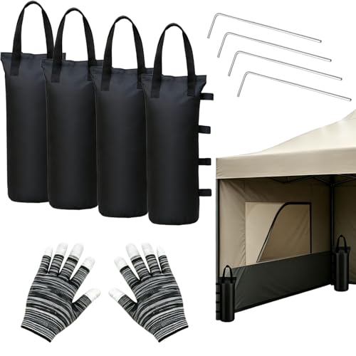 Wulshome 4er Sandsäcke zum Beschweren Pavillon 800D Oxford mit 4 Fixierter Nagel 1 Arbeitshandschuhe Verstärktes Sandsack Beschwerung Pavillon Gewichte Sandsäcke für Pavillons Zelt Garten