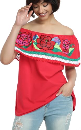 YZXDORWJ Women Mexican Embroidered Off-Shoulder Traditional Shirt Lace Ruffle Floral