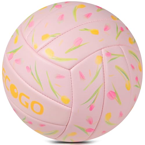 PECOGO Volleyball Size 5 PU Leather Soft Indoor Outdoor Pink Tulip Flowers Volleyballs Sports Training Game Play Ball for Beginner, Teenager, Adult(Gift Box,with Pump) - Thumbnail 3