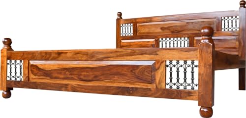 Image of Solid Sheesham Wood King Size Bed Without Storage | Wooden Double Bed Frame for Guest Room Modern Handcrafted & with Headboard | Walnut Finish