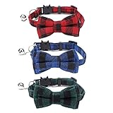JZK 3 x Katzenhalsband mit Glöckchen und Fliege, kariertes Katzenhalsband mit Schleife abnehmbar, Breakaway Katzenhalsbänder mit Glöckchen und Sicherheitsverschluss
