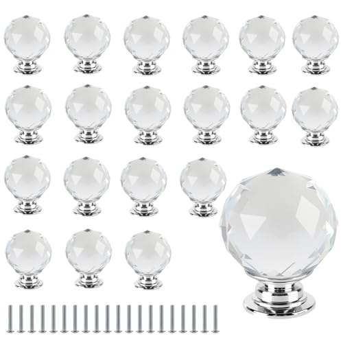 Image of JEUIHAU 20 PCS 30 MM Crystal Door Knobs, Clear Crystal Cabinet Handles with Screws, Glass Door Knob for Cupboard, Drawer, Bedside Cabinet, Dresser Unit and Wardrobe, Silver