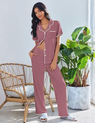 Image of Ekouaer Pajamas for Women Set Button Up Soft Pjs Short Sleeve 2 Piece Lounge Sets Comfy Sleepwear