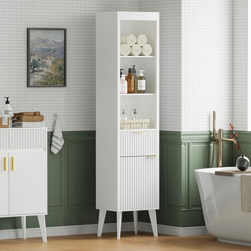 Image of 70-Inch Height Storage Cabinet with Fluted Doors, White Freestanding Modern Accent Floor Organizer for Kitchen, Pantry and Bathroom, w /Drawer & Adjustable Shelves