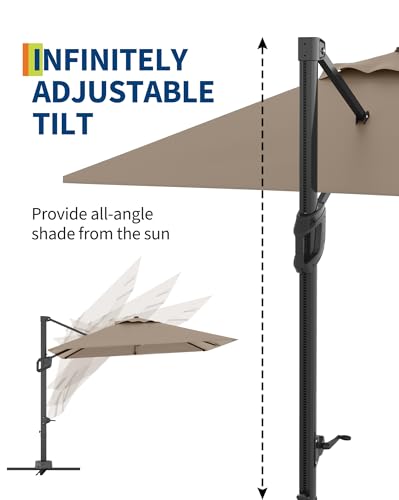 Large Cantilever Patio Umbrella, 10' X 10' Heavy Duty Aluminum Cantilever Offset Outdoor Umbrella with 360-Degree Rotation for Backyard, Deck, Pool, Tan