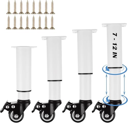 LOPYXBR Set of 4 Metal Adjustable Furniture Legs with Wheels 7-12 Inch White Adjustable Table Legs with Casters Heavy Duty Bed Support with Brake Table Legs with Wheels for Cabinet Sofa Bed, 440LBS