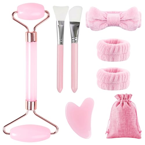 BORISCA Juego de Rodillo Cara Masaje y Piedra Gua Sha Masajeador Facial Jade Elimina la Hinchazón y Proporciona Cuidados Antes de Dormir Regalos Guasha Facial Jade para Familia, Amigos, Mantes (Rosa)