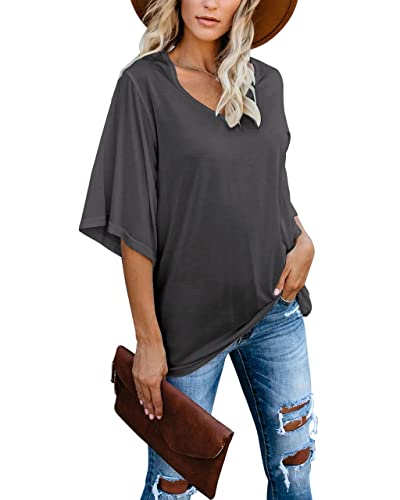 Cordat Women's Blouse Tops Loose V Neck 3/4 Bell Sleeve Comfy Cool Shirt Dark Grey #TOP22