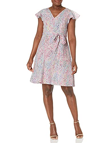 Adrianna Papell Women's Printed Godet Fit and Flare Casual Dress, Pink Multi, 16