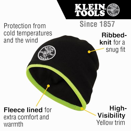 Klein Tools 60391 Knit Beanie, Thermal Fleece Winter Hat, Windproof, Fits under Helmets, Black with High-Visibility Yellow Band Trim2