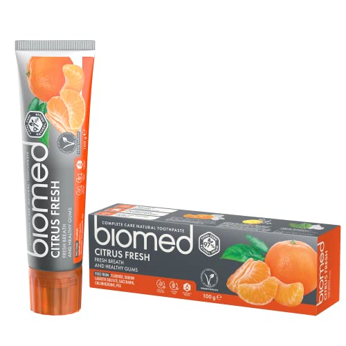 Biomed Citrus Fresh 97% natürliche Zahnpasta | Orange, frischer Atem, gesundes Zahnfleisch | Mandarine Grapefruit Zitrone ätherische Öle, Fruchtgeschmack, vegetarisch, SLES frei, 100 g (3 Stück) – Bild 3