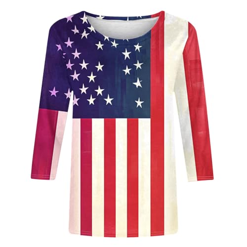 Image of Fourth of July Shirts for Women 3 /4 Sleeve Summer Tops American Flag Print T Shirt Patriotic 4th of July Shirts 2025