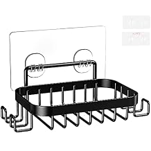Soap Dish Holder for Shower Wall, 304 Stainless Steel Bar Soap Holder with Hooks for Bathroom, Spong Holder for Kitchen Sink-Powerful Adhesive Wall Mounted No Drilling. Black-Rustproof