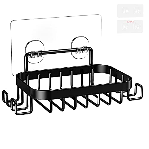Soap Dish Holder for Shower Wall, 304 Stainless Steel Bar Soap Holder with Hooks for Bathroom, Spong Holder for Kitchen Sink-Powerful Adhesive Wall Mounted No Drilling. (Black-Rustproof)