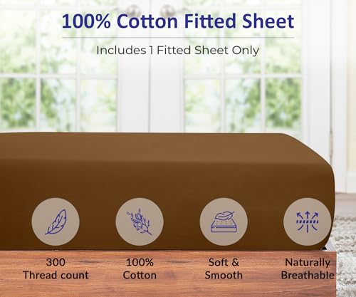 Image of ROYALE LINENS 300 Thread Count 100% Long Staple Combed Cotton Fitted Sheet Queen - Super Soft Deep Pocket Bottom Sheet - Fitted Sheets Only - Elastic Sheets (Queen, Chocolate)