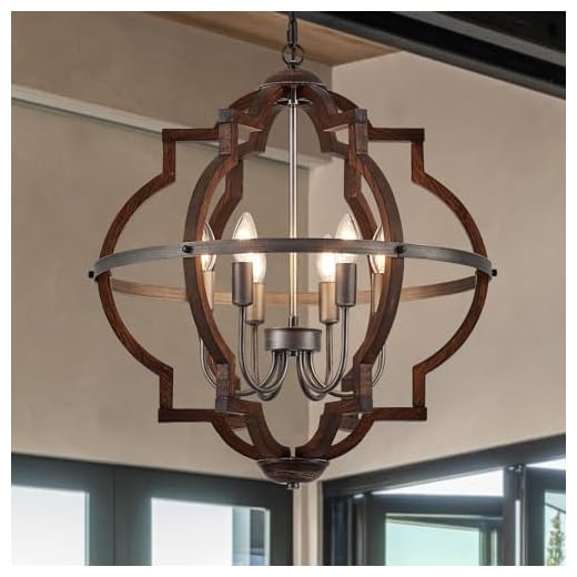 TACDANDM 23'' 6-Light Wood Farmhouse Chandelier for Dining Room Vintage Rustic Oak Brown Pendant Light Fixtures Globe Hanging Ceiling Lighting for Hallway Entryway Foyer Kitchen Living Room Bedroom