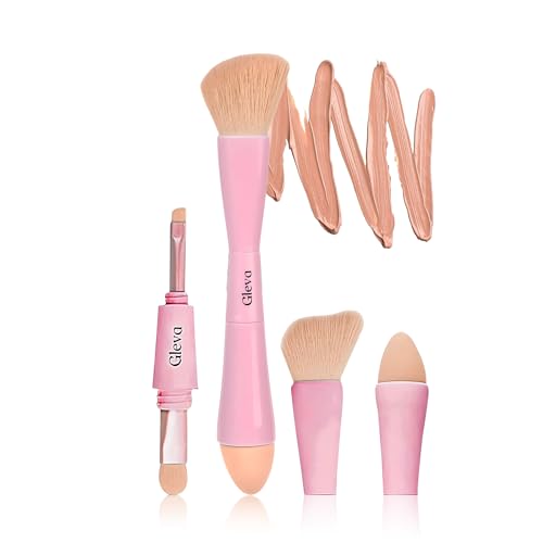 Gleva Multi Tasker 4-in-1 Travel Makeup Brush, Detachable Makeup Brush Set All-in-One Makeup Sponge, Eyeshadow, Eyebrow, Liner, Blush Blending Brush for Foundation, Concealer, & Powder (Pink)