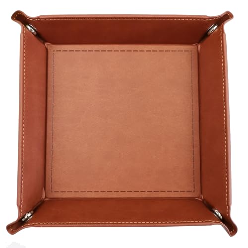 Bandeja de PU Cuero, para Almacenamiento de Joyas, Relojes, Llaves, Monedas y Teléfonos, Diseño Elegante y Resistente al Agua y Arañazos, Plegable y Portátil, Color Marrón (18x18 cm)