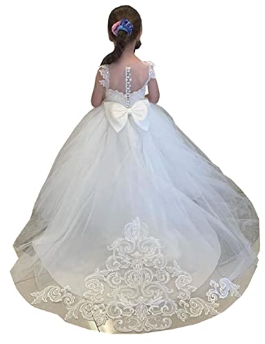 Lace Embroidery Sheer Neck Flower Girl Dress Princess Pageant Ball Gowns Kids Sweep Train