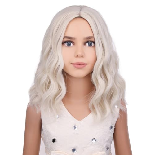 Image of PATTNIUM Platinum Blonde Kids Wig Short Curly Wavy Girls Blonde Wigs Platinum Bob Synthetic Wigs