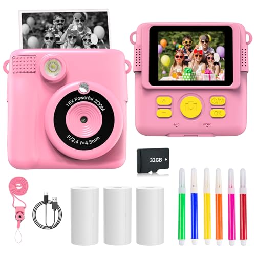 LuSeren Kids Instant Print Camera Toy, 1080P HD Digital Camera With Photo Paper, 6 Colour Pens, 32GB SD Card - Birthday Gifts for 3-12+ Year Old Girls and Boys