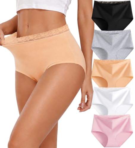 Image of UNDER THE SEA Cotton Underwear for Women High Waisted Lace Briefs Soft Breathable Womens Panties 5 Pack S-3XL