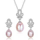Stunning Flawless Pearl Stud Earrings & Silver Chain Pendant Set| Impeccable Quality Natural, Flawless Freshwater Pearl & 925 Sterling Silver| The Most Unique Fashion Jewelry Set (2 | Pink Pearls)