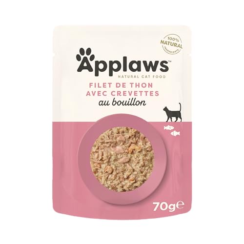 Applaws 100% Sachets naturels pour chats Thon et crevettes du Pacifique en bouillon - 12 sachets de 70 g