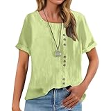 Chemise en lin pour femme - T-shirt d'été à manches courtes - Col en V - Col en V - Coupe ample - Léger et confortable, vert menthe, M