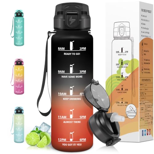 Motswedi Botella Agua 1 litro, con pajita, Botella Agua Gimnasio, a Prueba de Fugas, Cantimplora Marca de Tiempo 1 L, Reutilizable, para Gym, Bicicleta, Camping, Negro Rojo