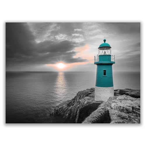 HOQIU Poster paysage Peinture phare bord de mer tableaux, posters et arts décoratifs, tableau Cuisine Bureau decoration murale salon.(cendre)-80x120cm Sans...