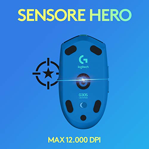 Logitech G305 Mouse Gaming Wireless Lightspeed, Sensore HERO, 12000 DPI, Design Leggero, 6 Pulsanti Programmabili, Durata della Batteria 250 ore, Memoria Integrata, per PC/Mac/Laptop - Blu